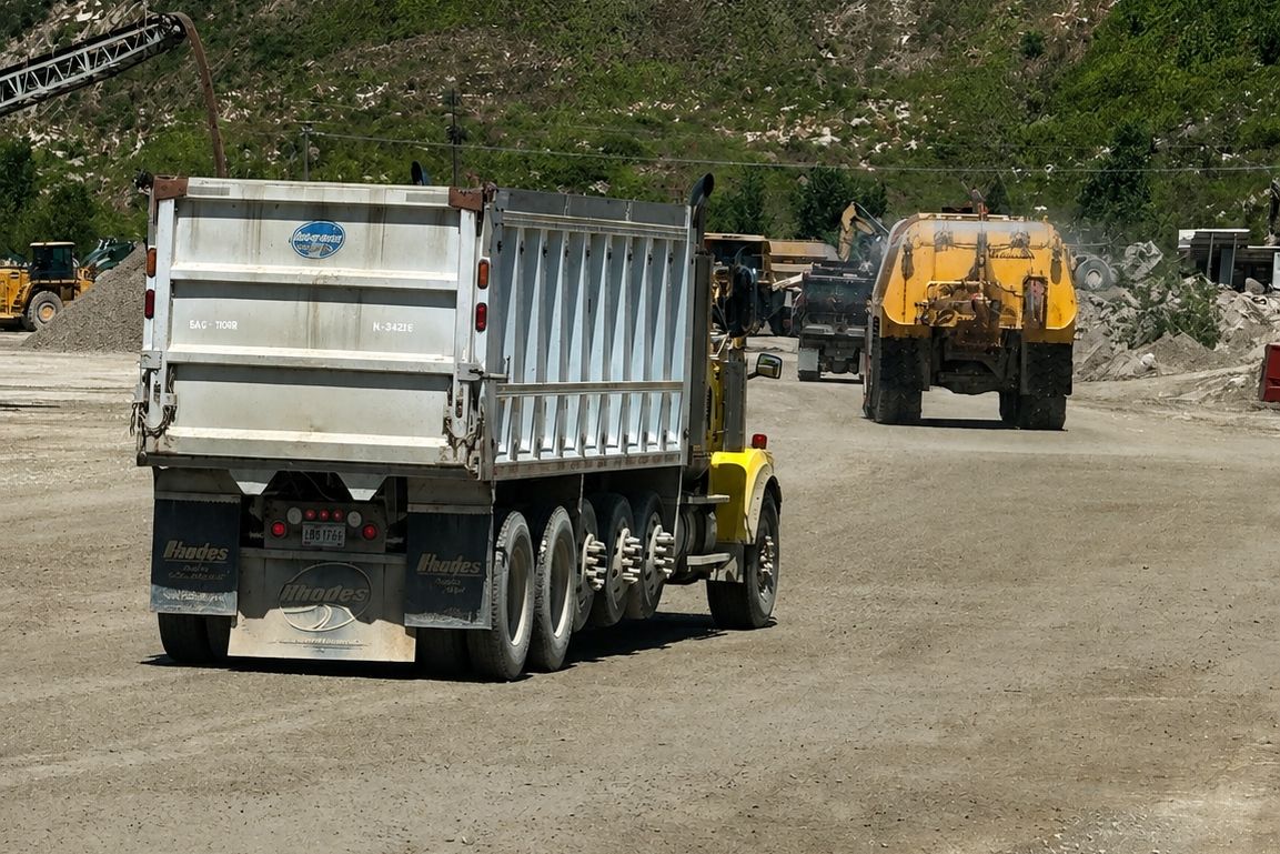 A loaded dump truck rolling through the quarry yard