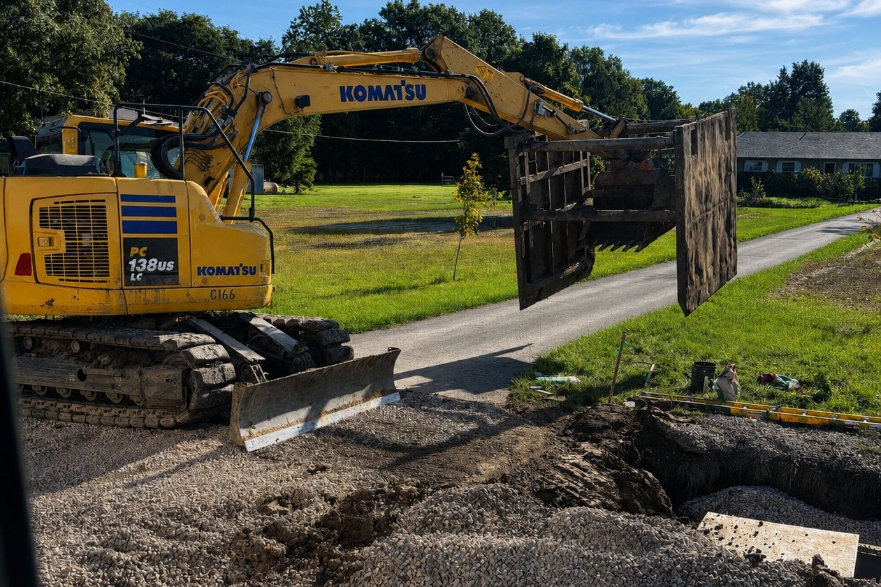 An excavator lifting shield panels beside a paved drive