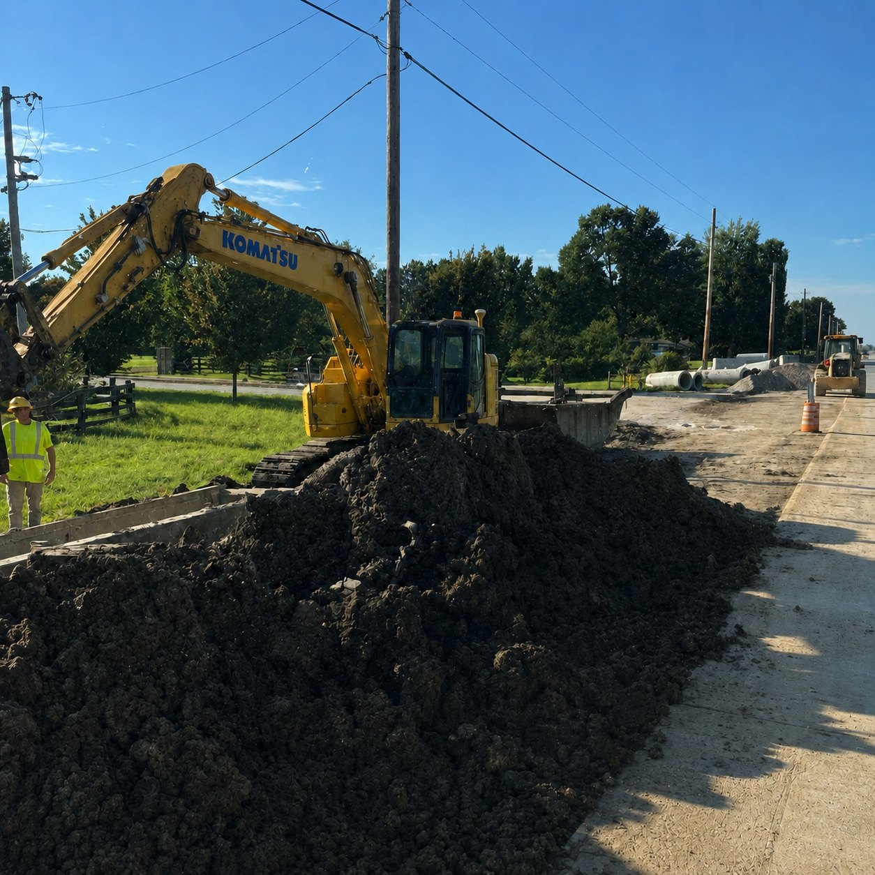 Spoil pile building beside an open roadside trench
