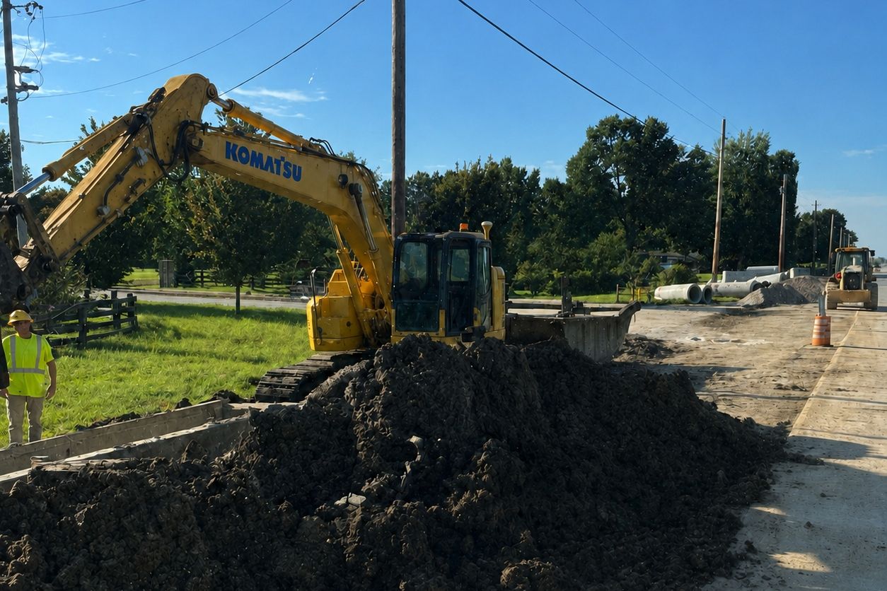 Excavator piling spoil beside a roadside trench