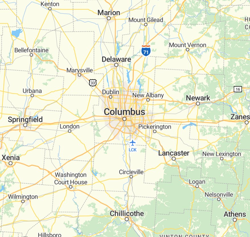 Map of the Columbus area showing the communities Champion Logistic Services hauls for
