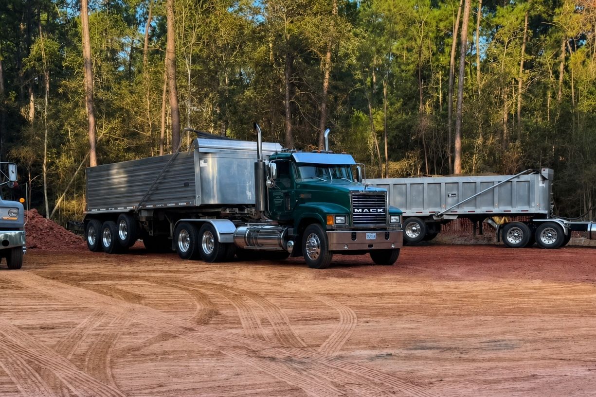 Dump trailer rig idling on a stretch of cleared ground