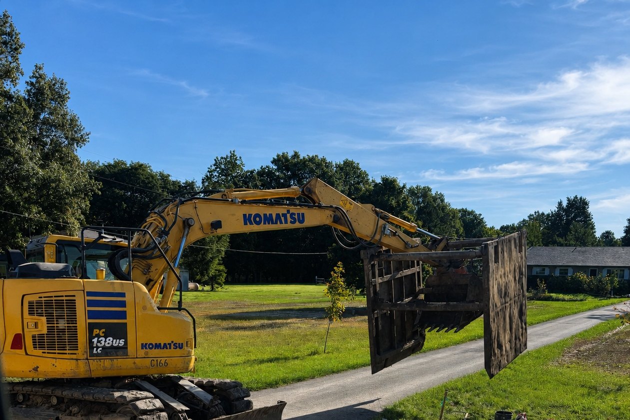 Excavator moving a trench shield beside a paved drive