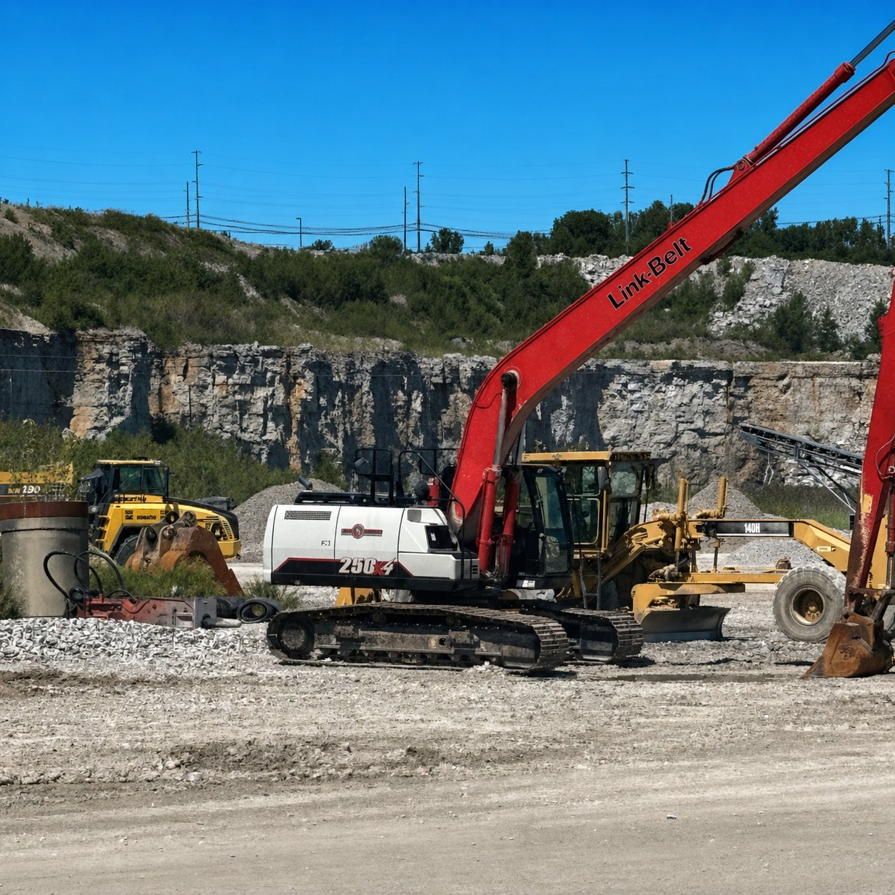 Heavy loaders parked under the quarry highwall