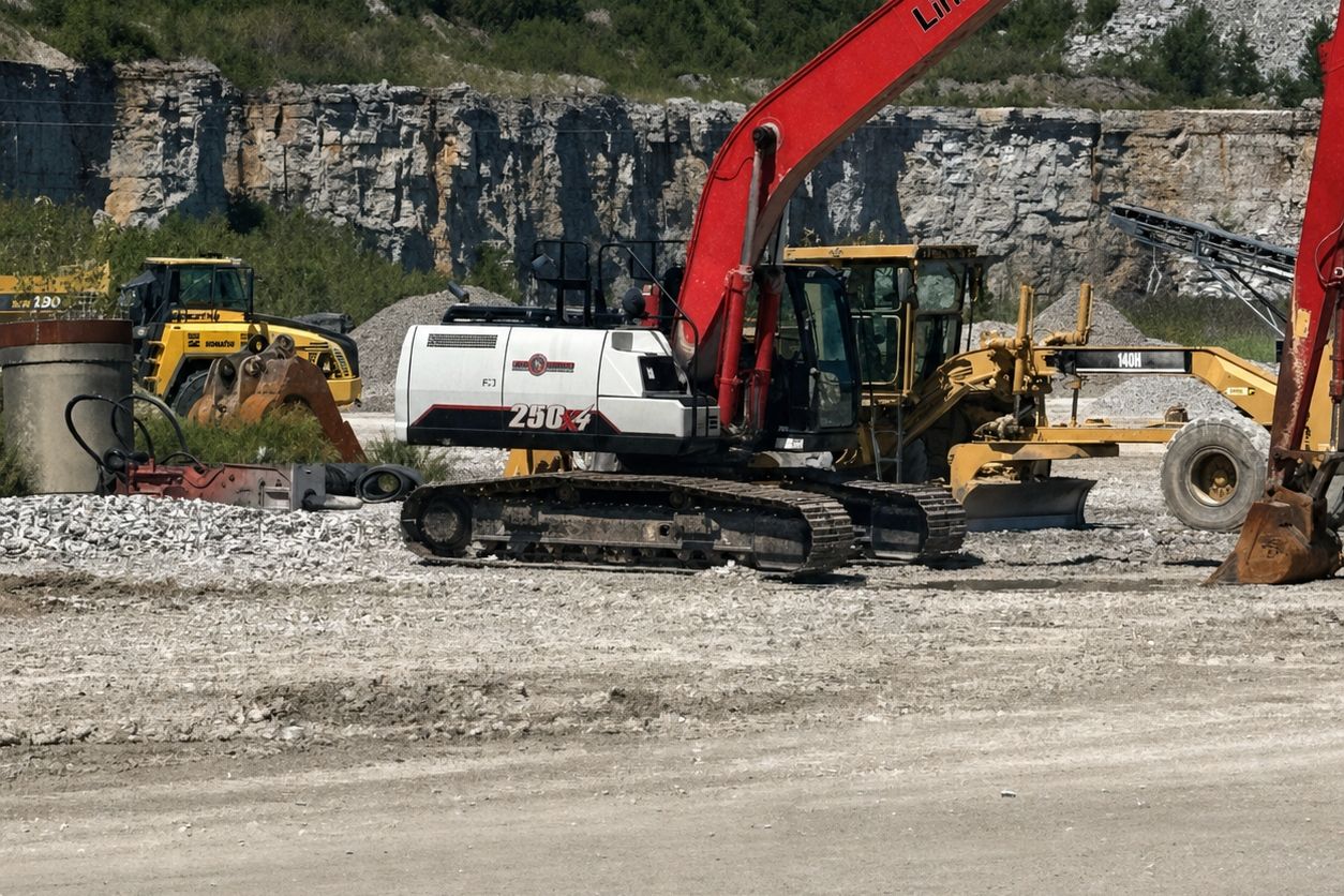 Excavator, grader, and loader staged below a limestone quarry highwall