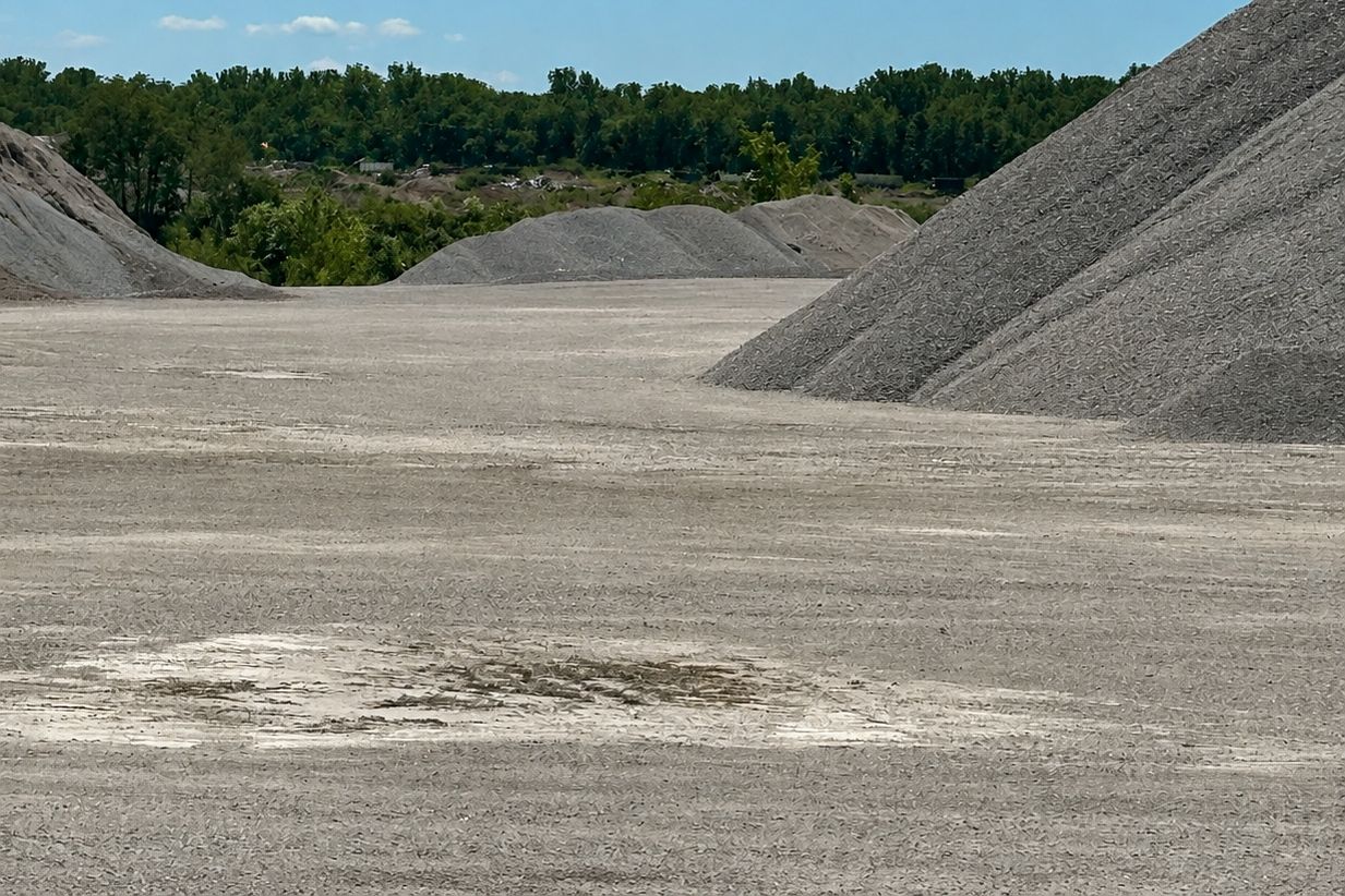 Screened aggregate piles under a clear sky at the quarry