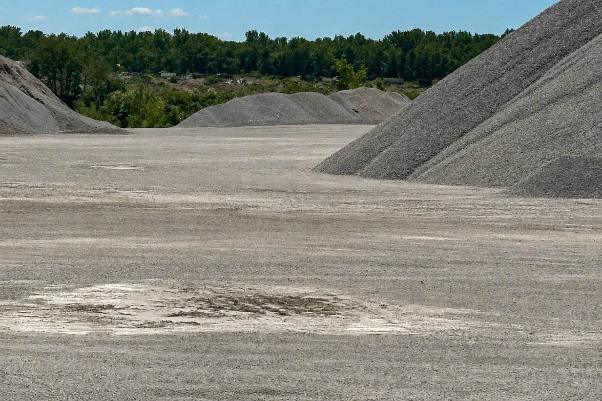 Rows of screened stone piles across a quarry yard