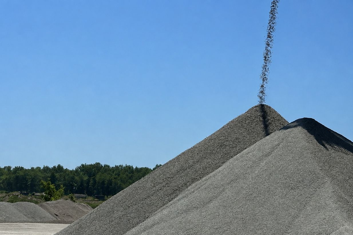 Tall screened stone stockpiles across a supply yard