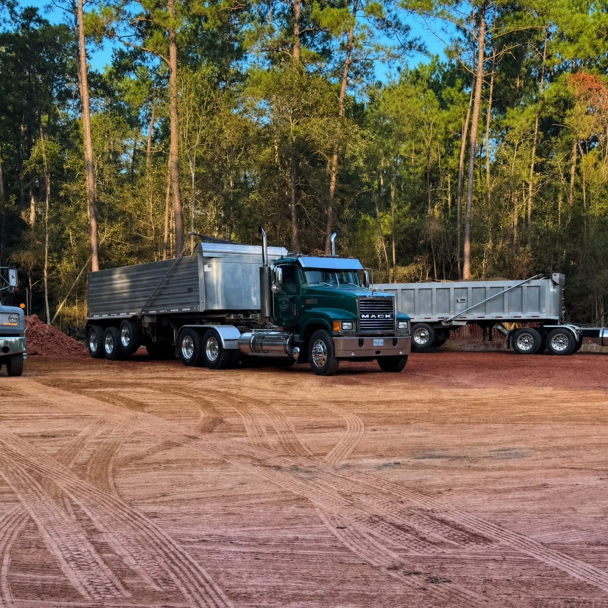Semi and dump trailer waiting on cleared ground