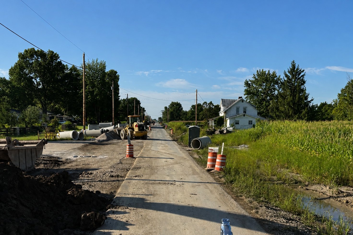 Residential road stripped to its base during a resurfacing project