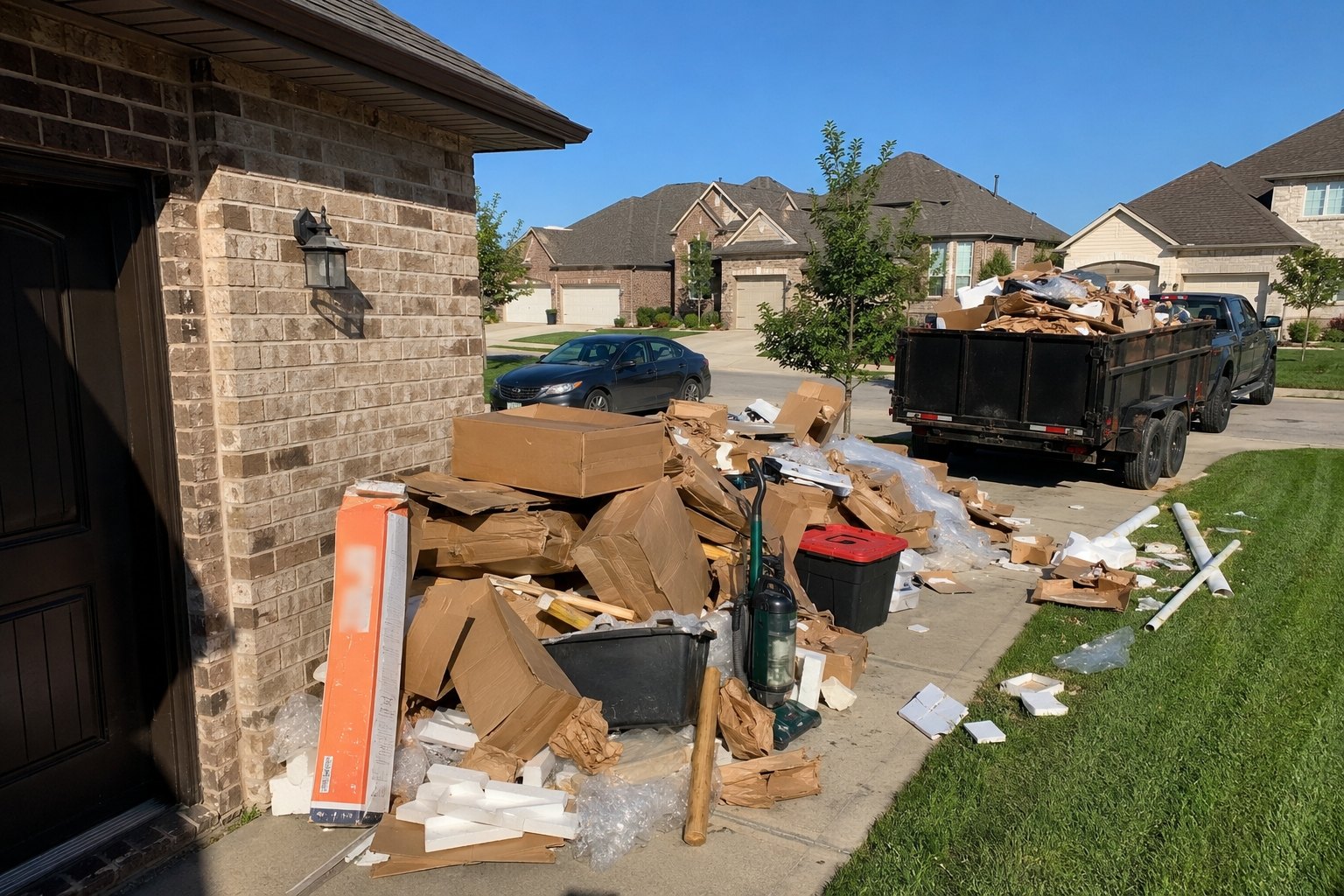 A driveway pile of boxes and packing waste beside the loaded trailer